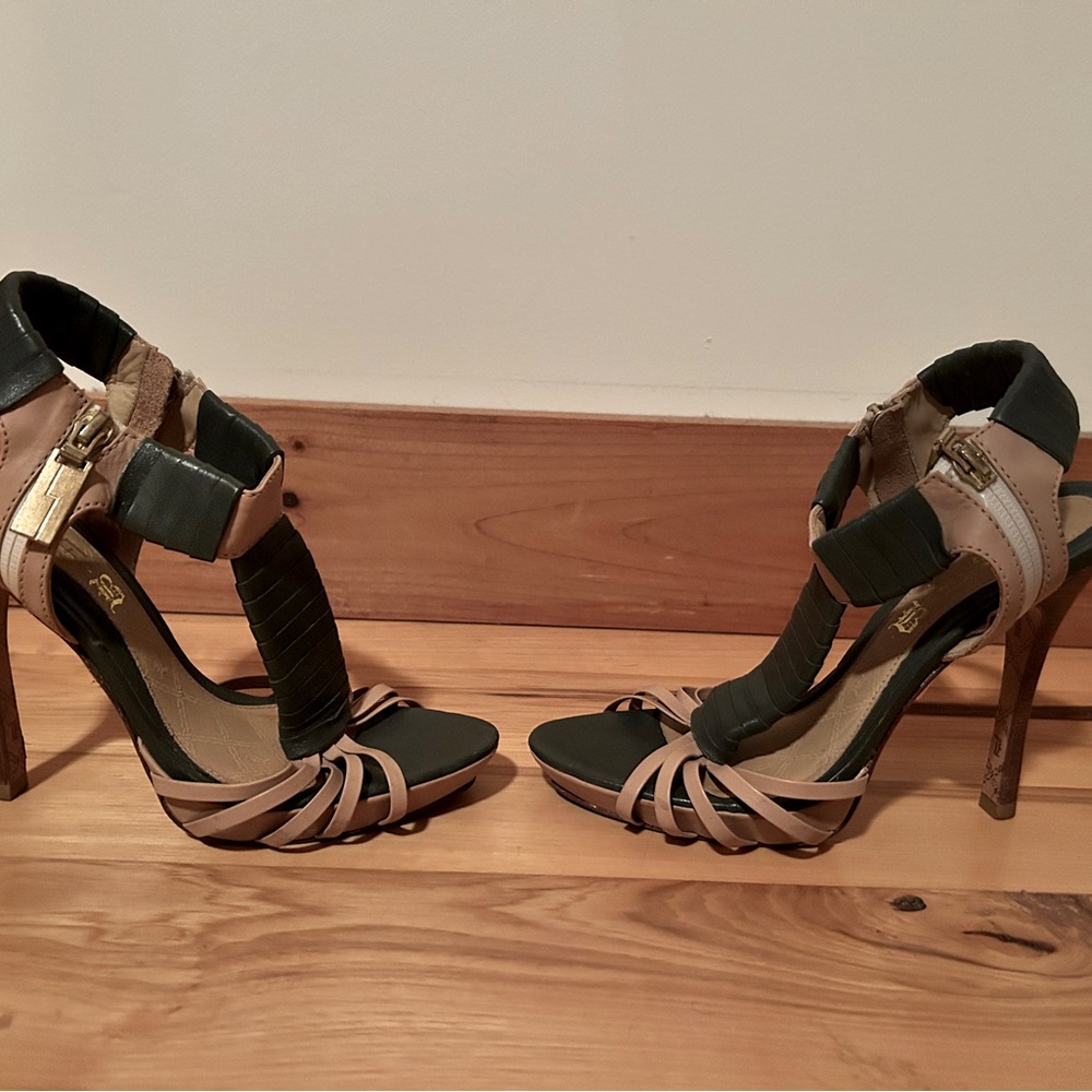L.A.M.B. ZADA ANKLE STRAP HIGH HEELS TAN Green